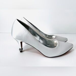 Bridal White Satin Wedding Pumps Shoes Rhinestone Jeweled Heels Size US 8 Eur 39